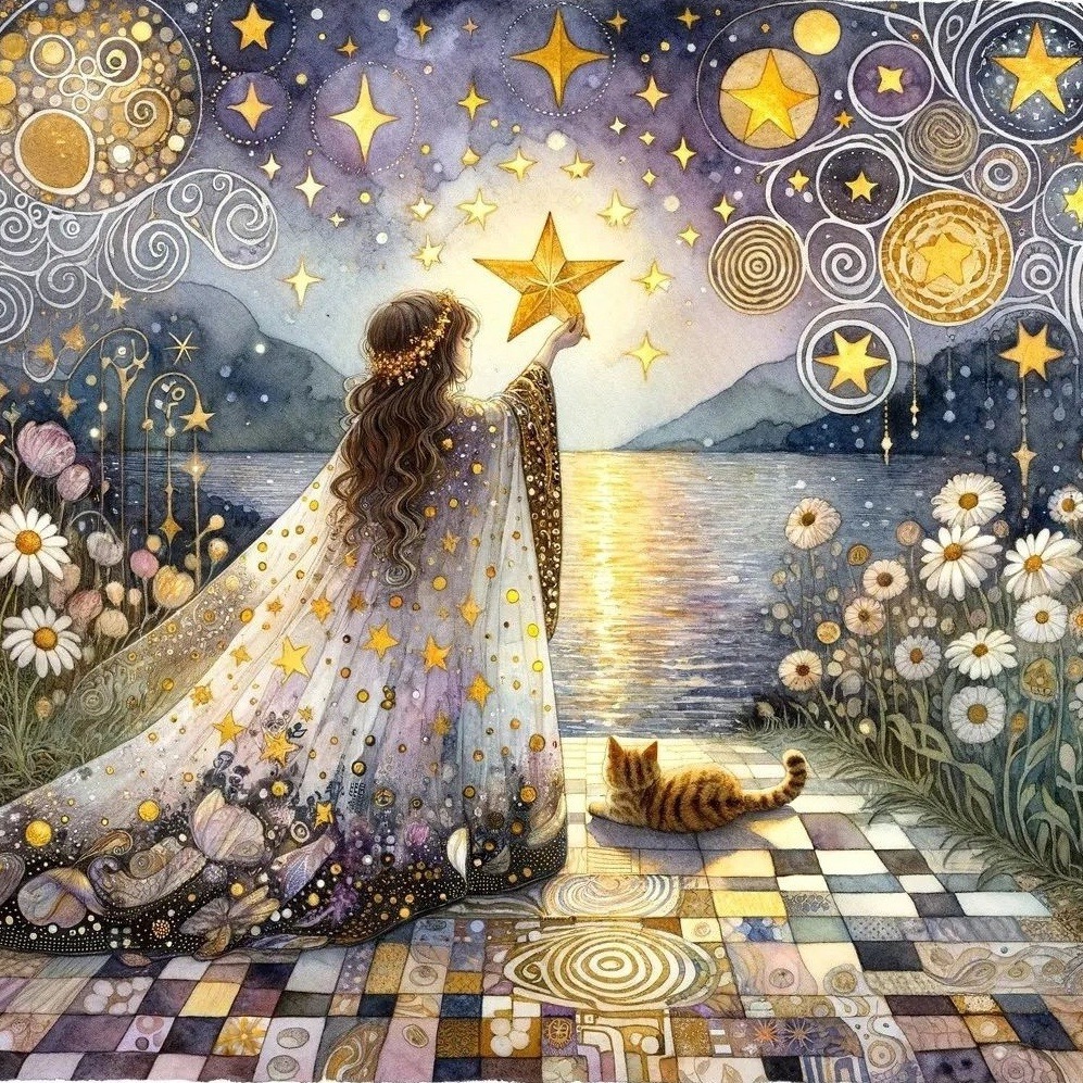 Angel in white gown reaching for golden star over moonlit water with decorative celestial circles and flowers