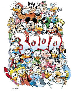 Colorful cartoon collage of classic Disney characters surrounding large red numbers