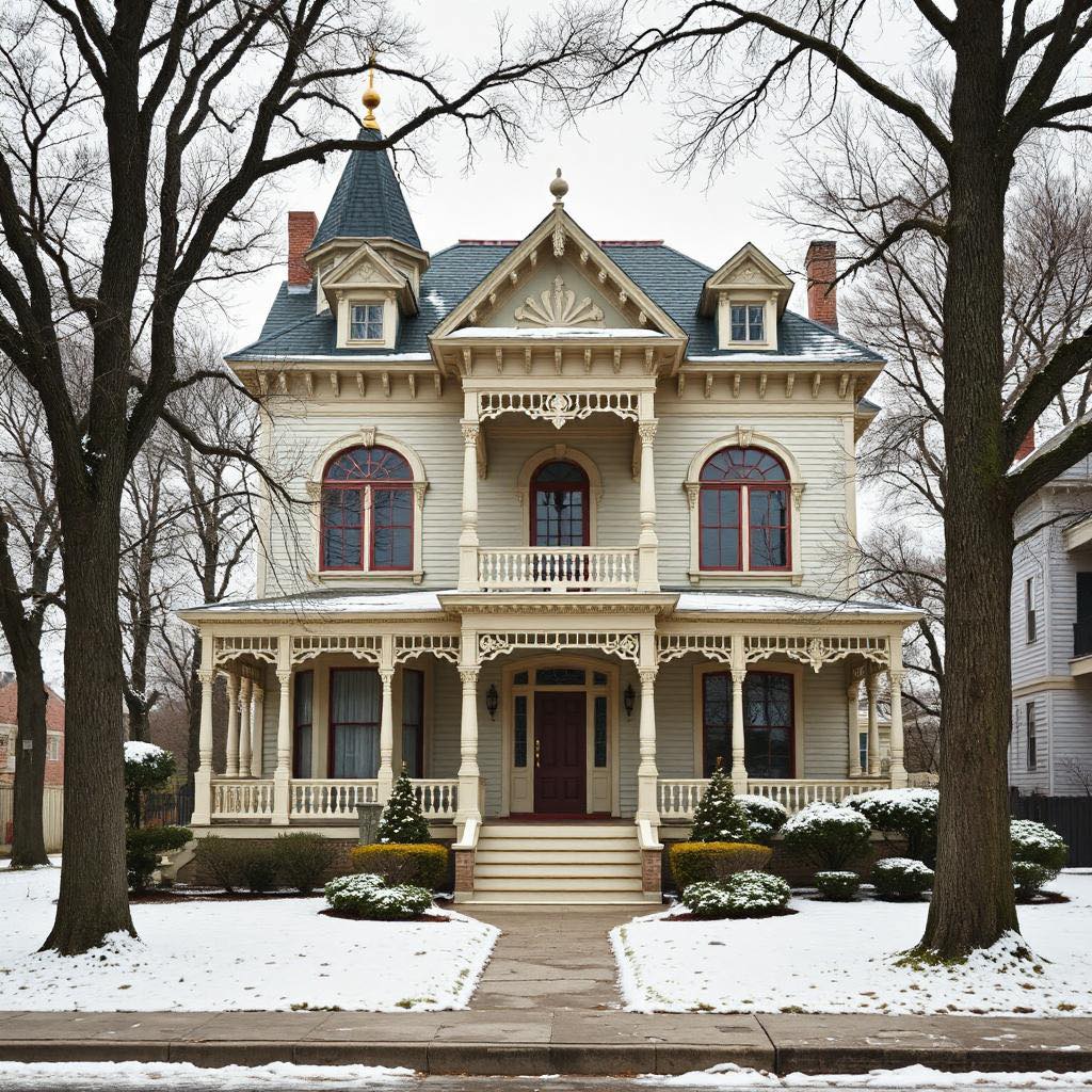 Victorian mansion with turret and decorative balconies in snow