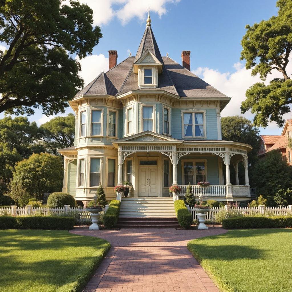 Victorian house with wraparound porch, green lawn, and trees