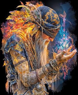 Bearded wizard in golden armor and feathered crown casting blue and orange magical energy from his hands