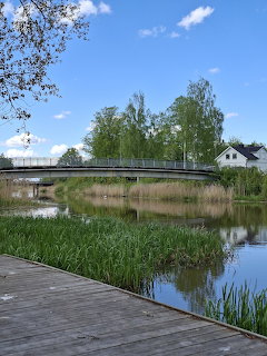 Pedestrian bridge over a calm pond with reds, birch trees, and a white house on a sunny day