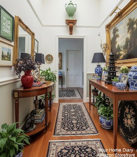 Elegant home entryway with antique tables, blue and white porcelain, oriental rugs, and green plants