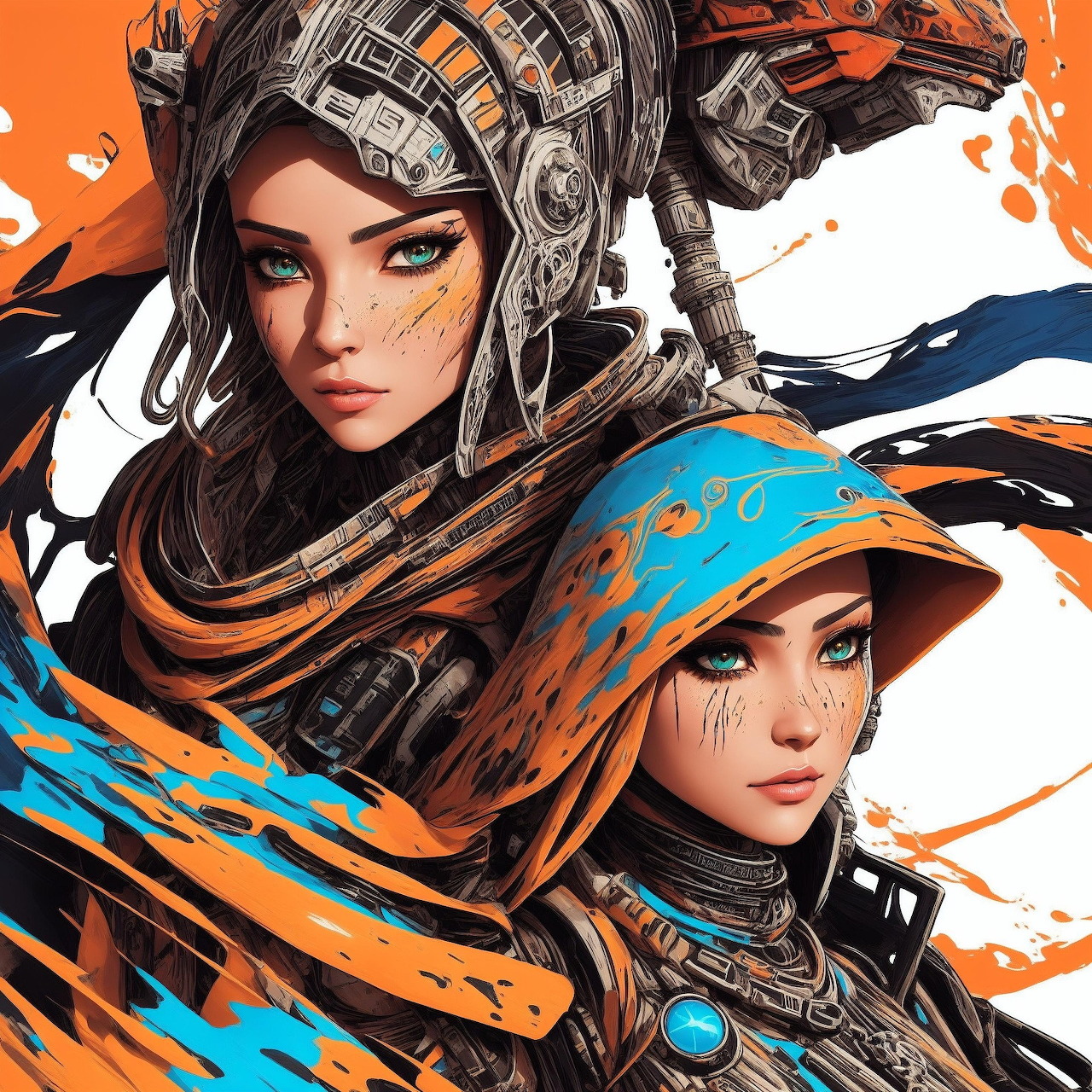 Two stylized women with futuristic cyberpunk headgear and mechanical accessories in orange and blue