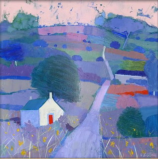 Abstract painted landscape with bold colorful brushwork suggesting hills and sky.