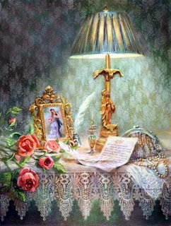 Vintage still life painting with lamp, roses, portrait frame, and lace on table