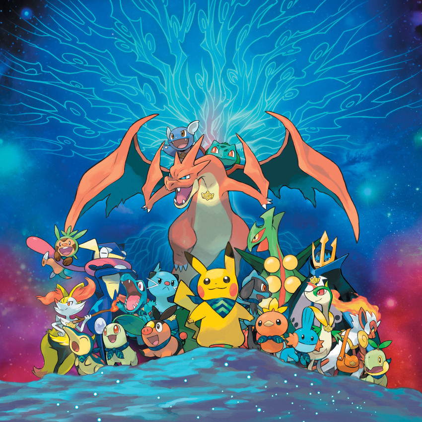 Group of Pokemon characters with Charizard at center, Pikachu and other Pokemon arranged below against starry blue background