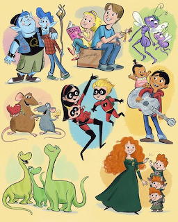 Cartoon illustration of Disney and Pixar sibling character pairs from various animated movies arranged on yellow background