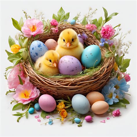 Decorated Easter eggs in a woven basket