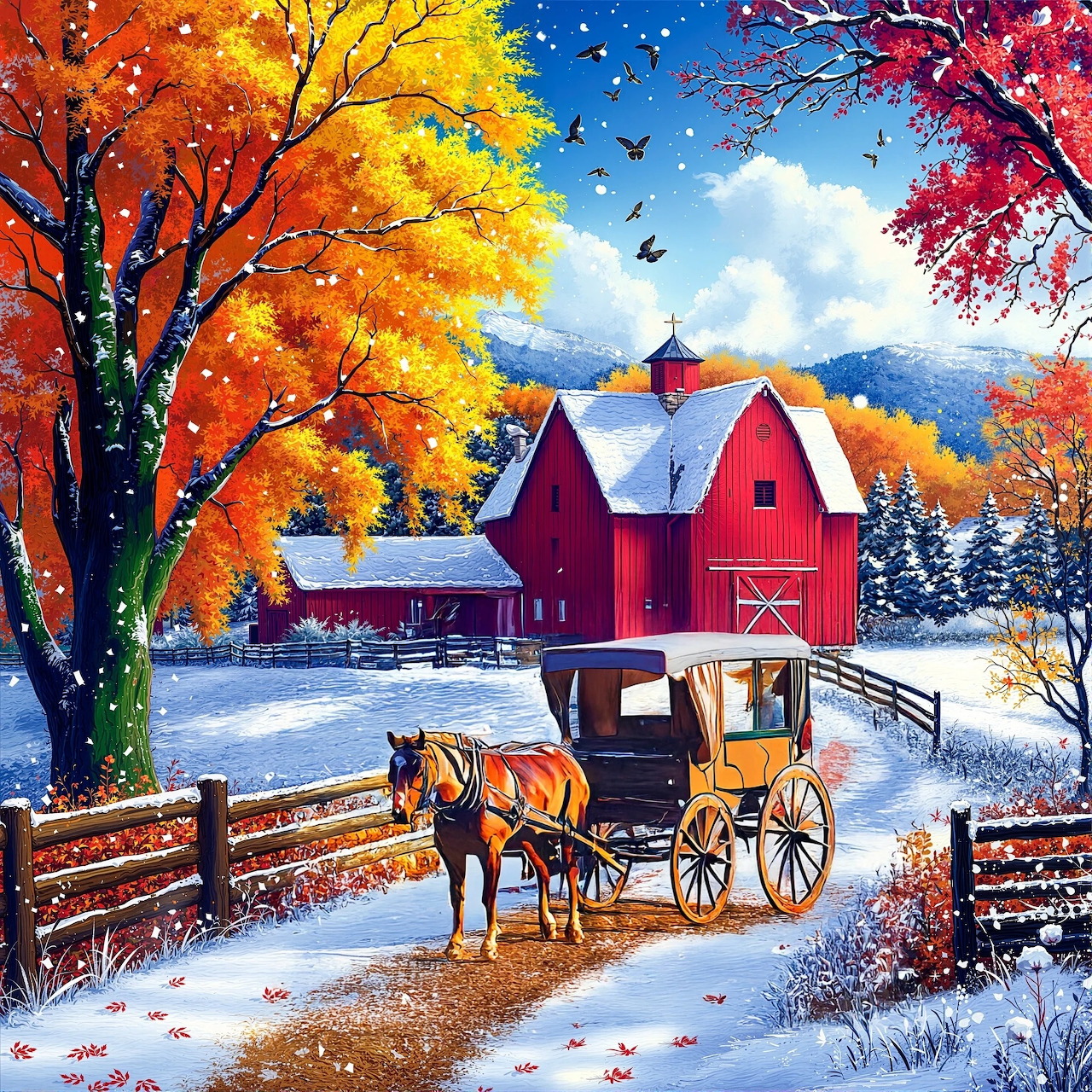 Painting of red barn with snow, autumn trees, and horse carriage on rural road
