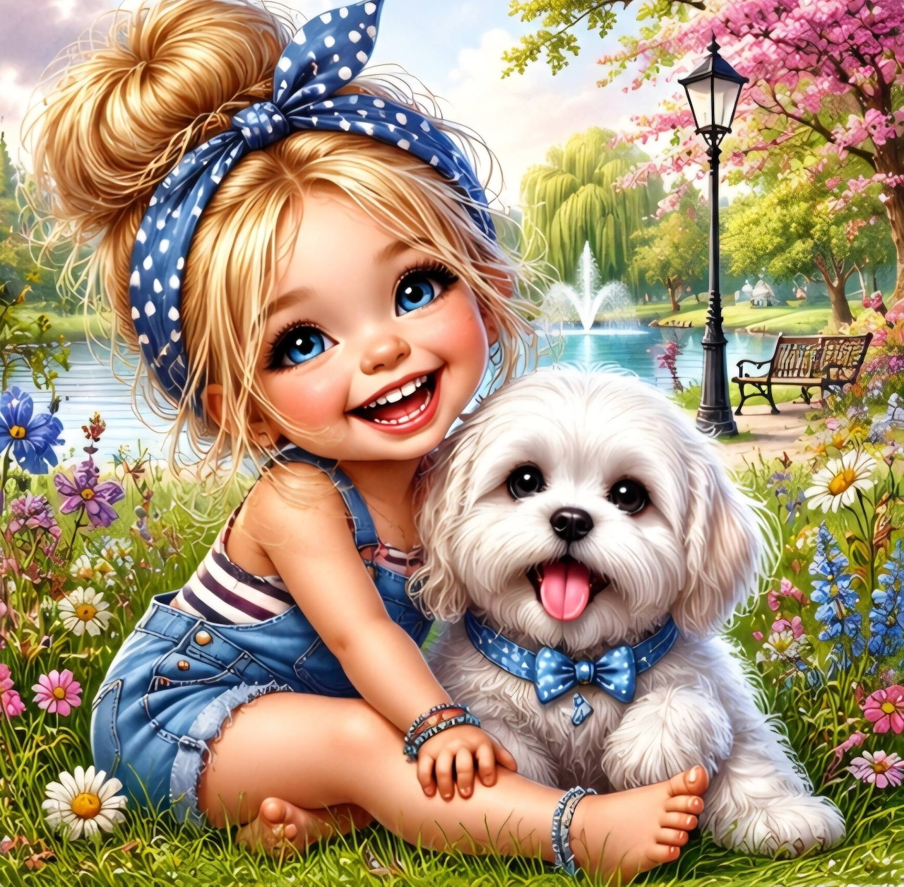 Smiling cartoon girl with blue bow hugging white fluffy puppy outdoors in flower garden by lake