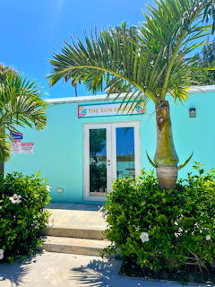 Turquoise house entrance with palm trees, shrubs, and blue sky in Bermuda