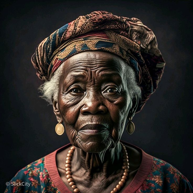 Portrait of elderly African woman in traditional headwrap and jewelry on dark background