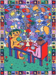 Colorful cartoon illustration of two figures dining at a table with psychedelic swirling imagery above