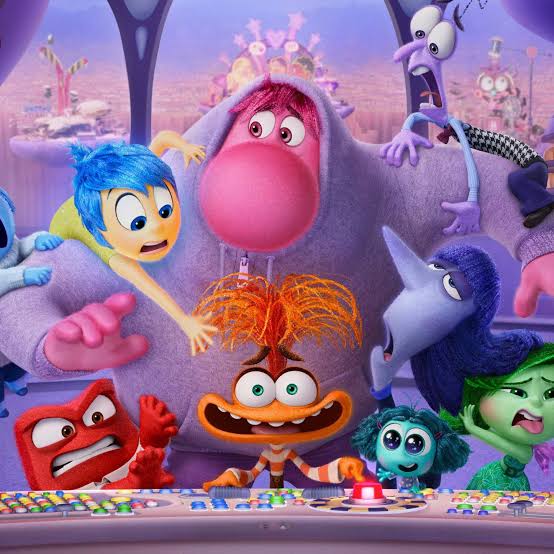 Inside Out 2 animated characters including Joy, Sadness, Anger, Fear and Disgust in headquarters