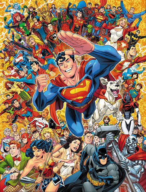 Superman flying forward surrounded by many DC Comics superheroes in a colorful illustrated collage