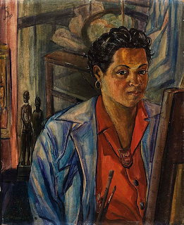 Oil painting self-portrait of Loïs Mailou Jones in blue jacket and coral blouse, 1940