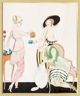 Vintage illustration of three elegant ladies having afternoon tea