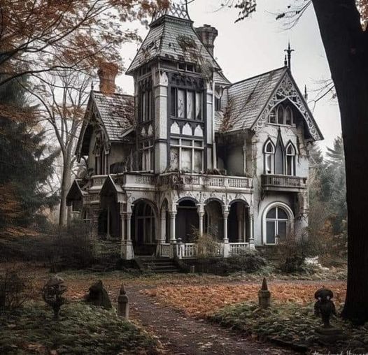 Abandoned Victorian house with gothic details in a misty autumn yard