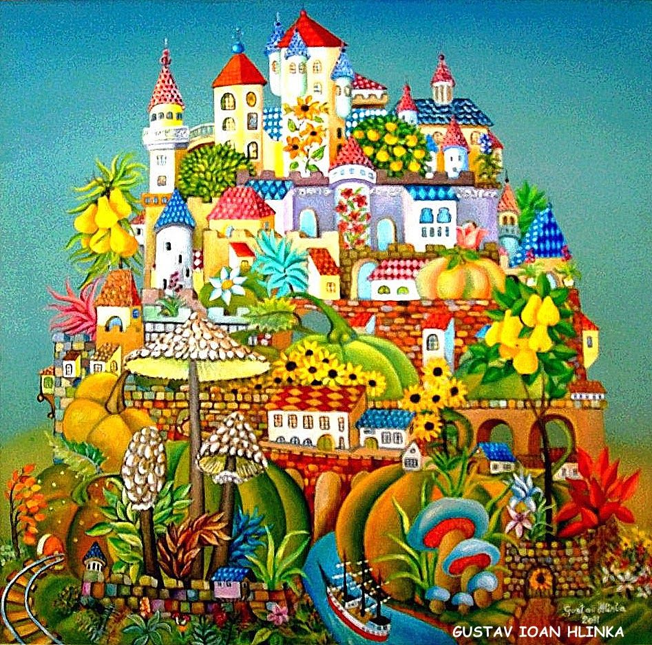 Vibrant fantasy village with colorful stacked houses, towers, flowers and gardens on hillside