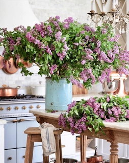 Purple lilac bouquets on a wooden table in a bright rustic kitchen