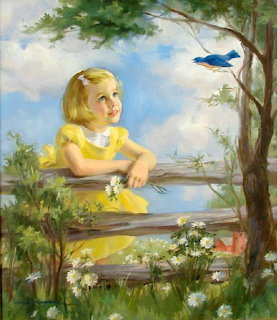 Painting of a young girl in yellow dress leaning on a wooden fence watching a bluebird fly near trees