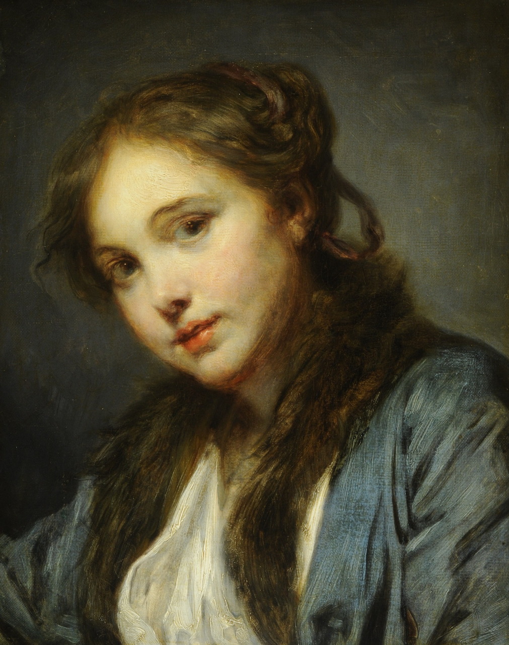 Portrait painting of a young woman with dark hair in a blue wrap and white blouse