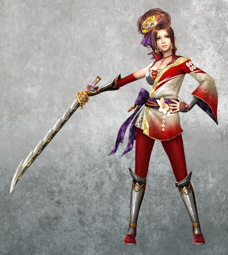 Female samurai Kaihime in red and white armor holding a long spear, game character illustration