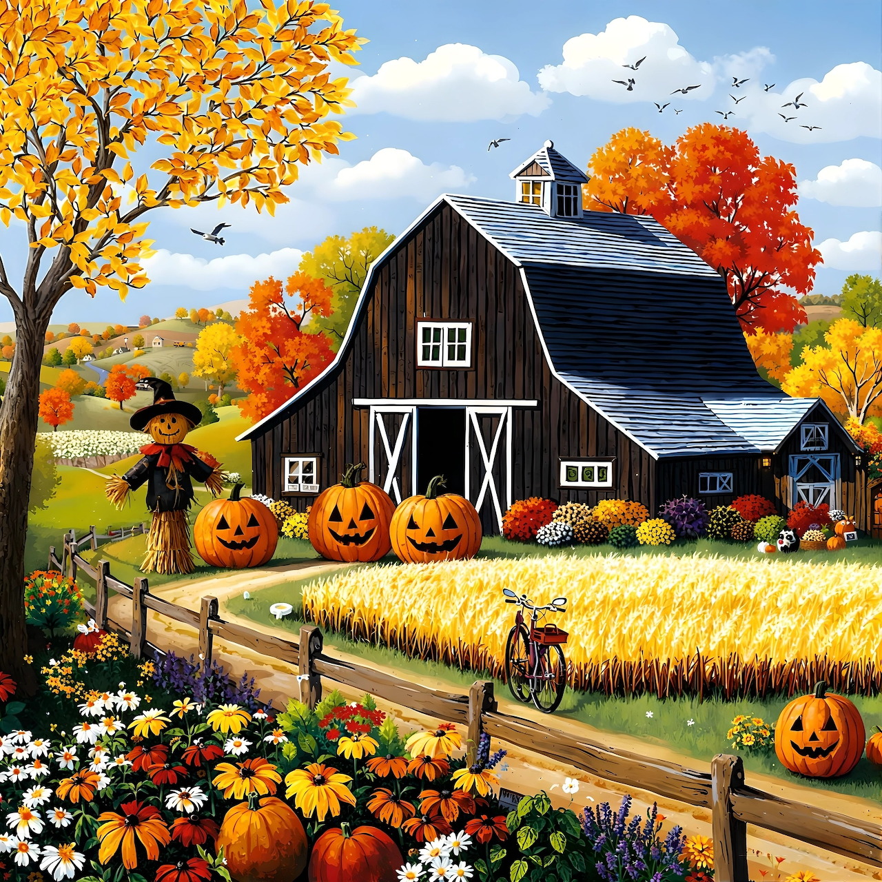 Illustrated autumn farm with giant carved pumpkins, barn, fall foliage, and scarecrow in sunny landscape