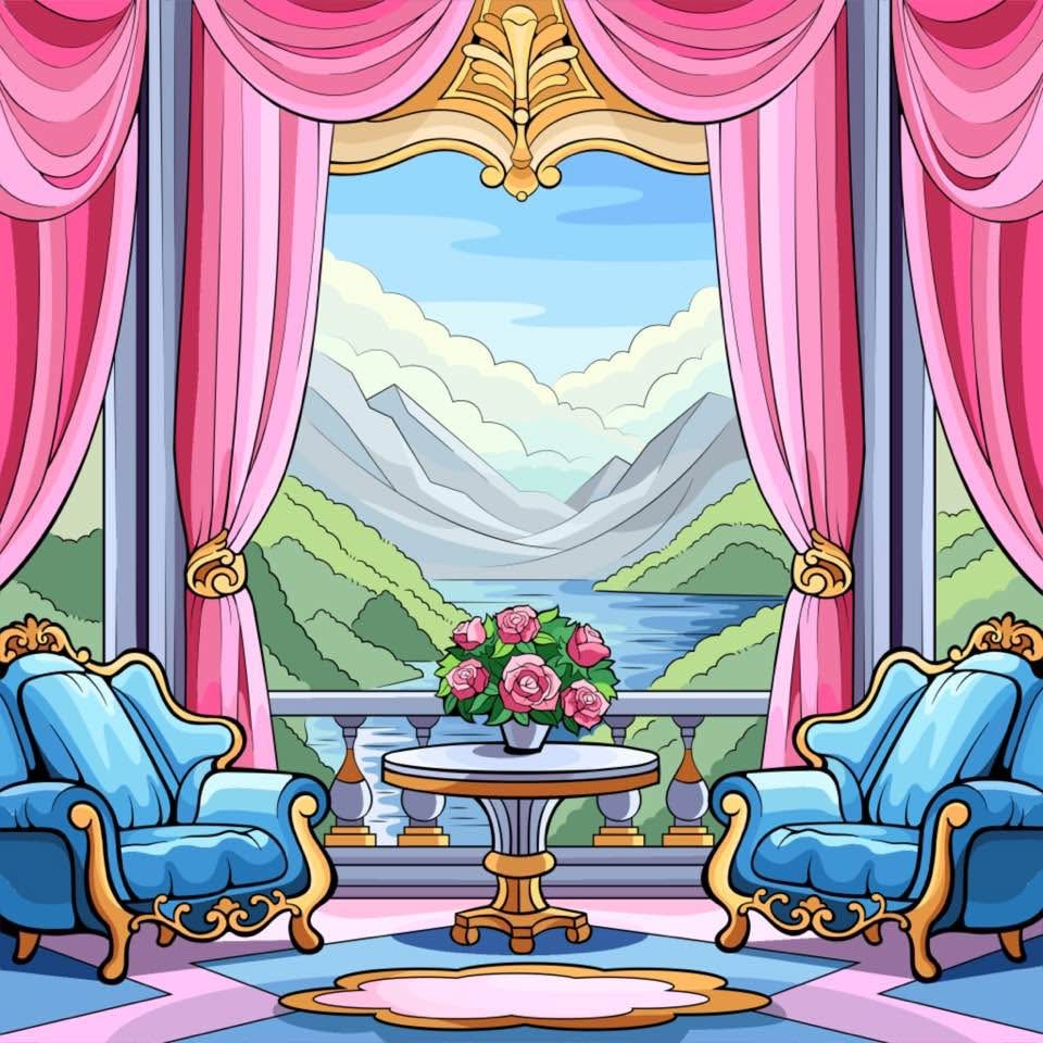 Cartoon lounge with pink curtains, blue armchairs, rose bouquet, and mountain lake view through a window