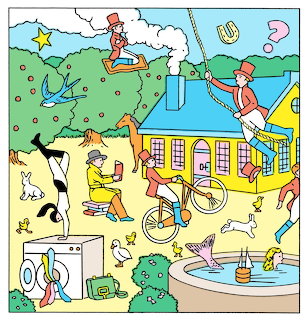 Colorful surreal illustration of a house with flying people, animals, and playful objects outdoors