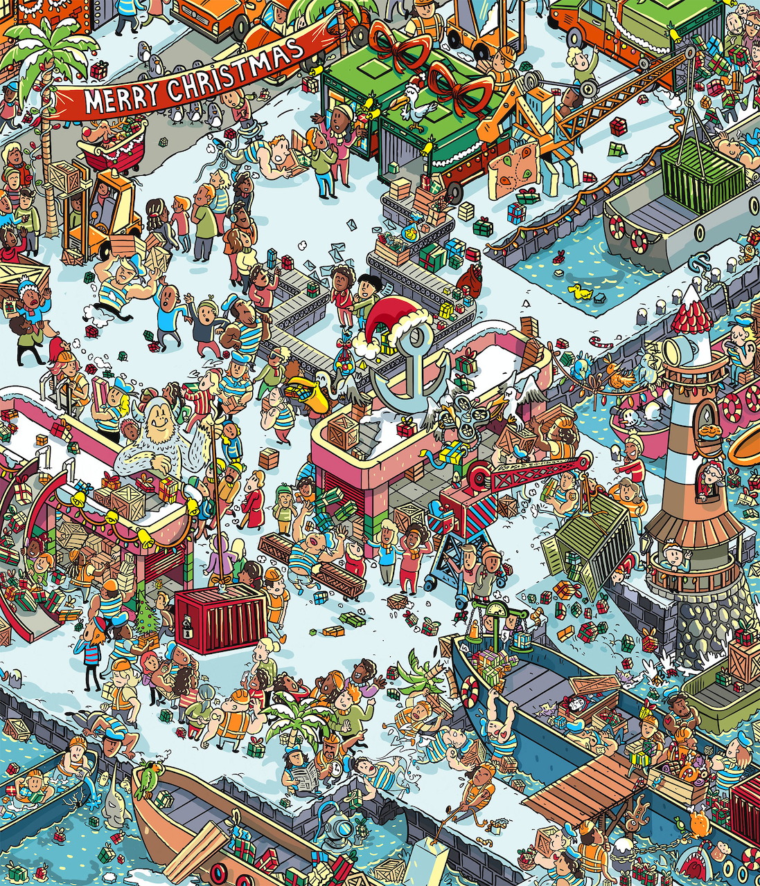 Detailed aerial view of busy Christmas village with colorful buildings, characters, and winter activities