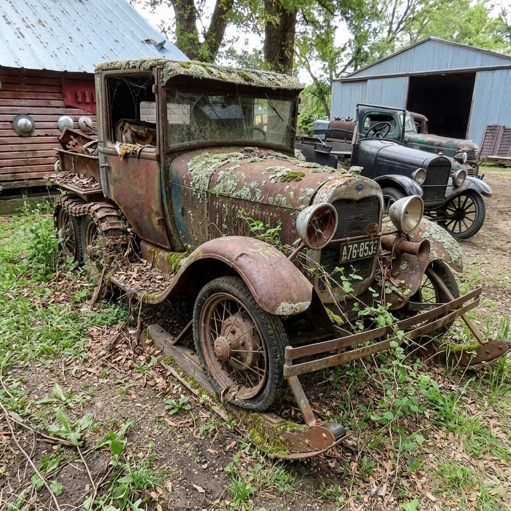 Rusty abandoned vintage car overgrown with weeds beside sheds