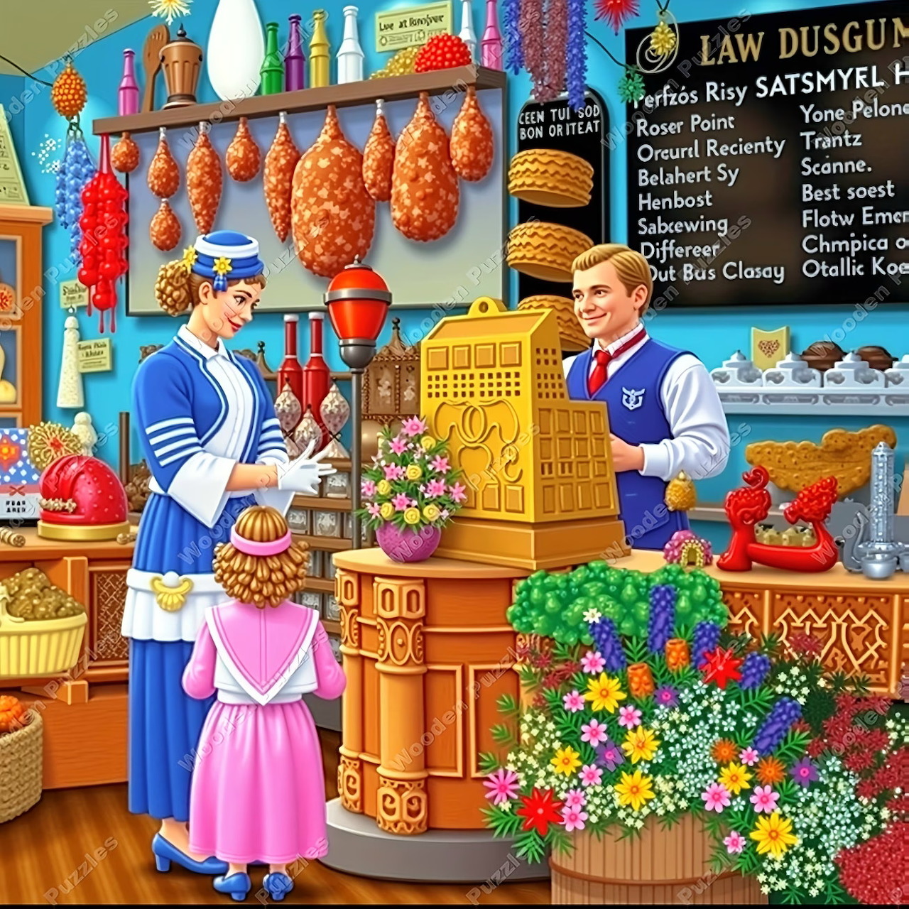Vintage flower shop with shopkeepers, colorful flowers, and ornate wooden counter in illustrated style