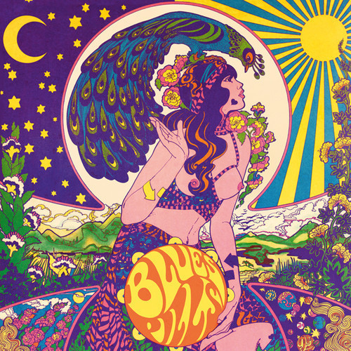 Colorful psychedelic art nouveau illustration of woman with purple flowing hair in decorative natural setting