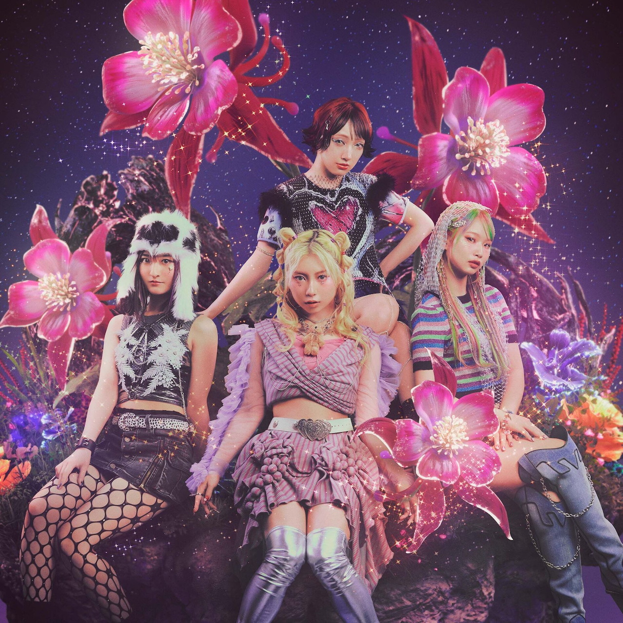 Four women in colorful alternative outfits posed with large pink flowers on a purple fantasy background
