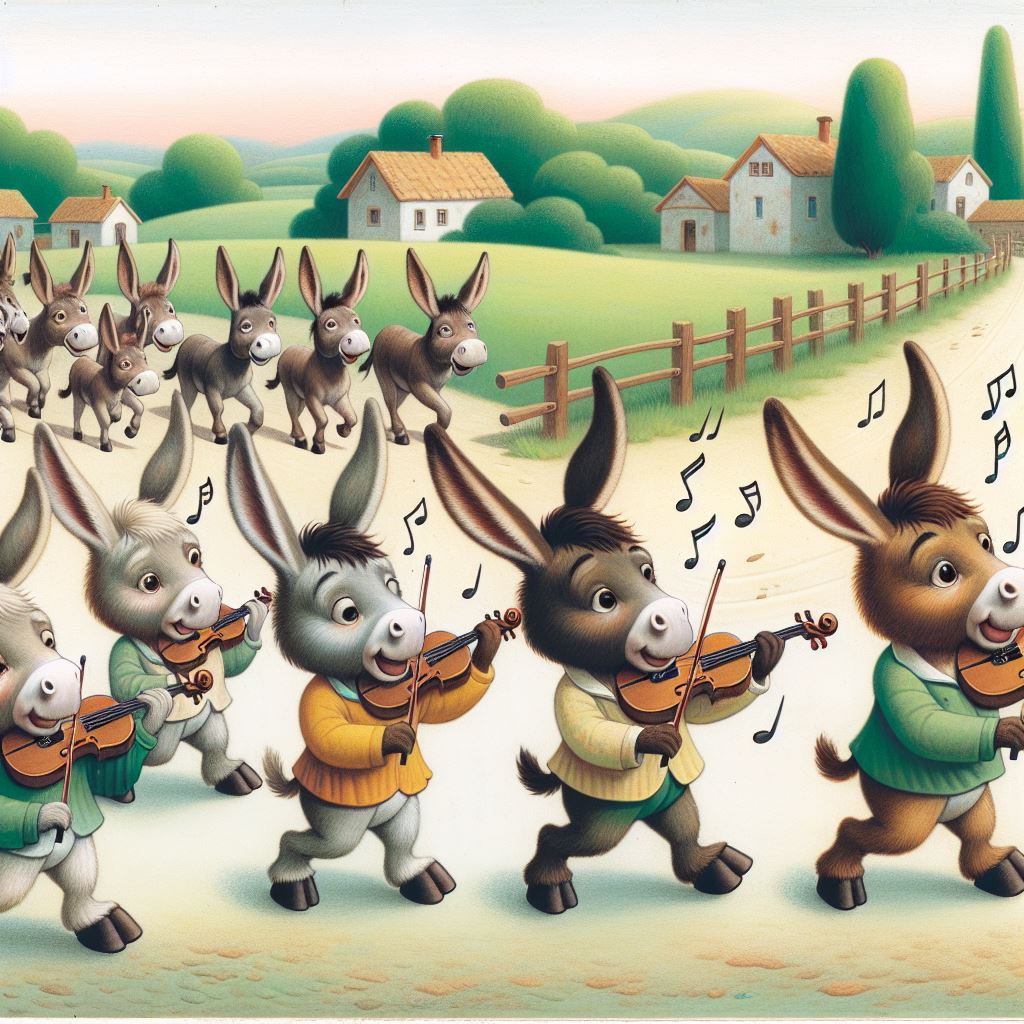 Cartoon donkeys playing violins and instruments in a countryside scene with green hills and houses