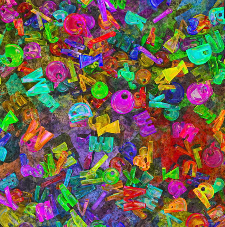 Colorful translucent plastic letters scattered in a dense abstract arrangement