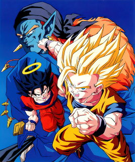 Three Dragon Ball Z anime characters in fighting stances on blue background, including Super Saiyan Goku with spiky blonde hair