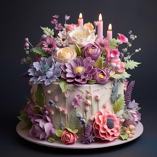 Pastel floral birthday cake with lit candles on a plate against a dark background
