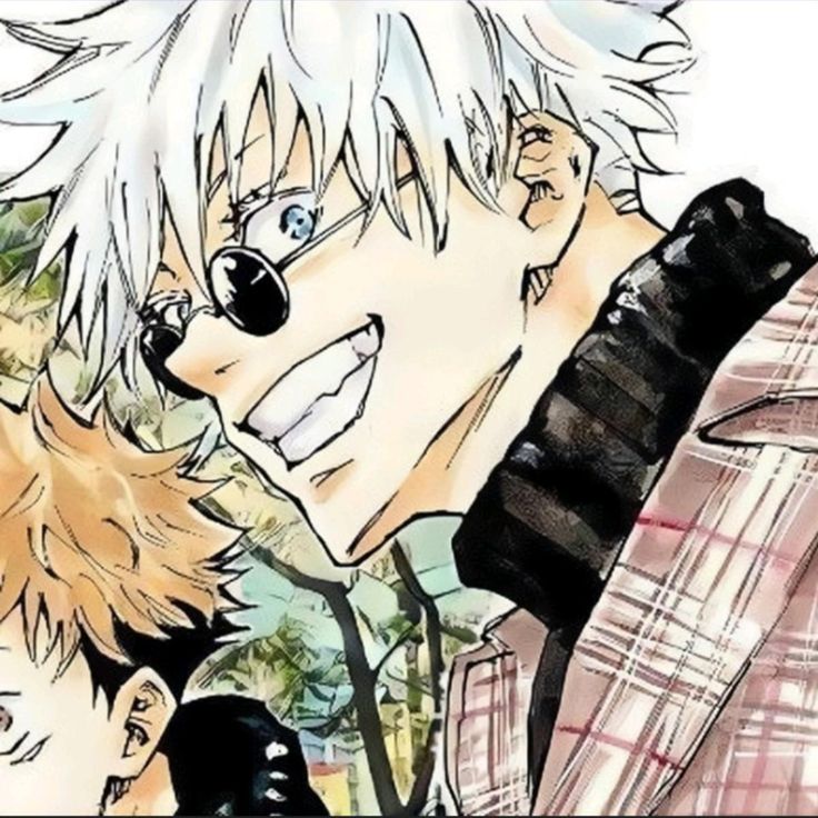 Anime close-up of Satoru Gojo smiling in round sunglasses with another character behind him