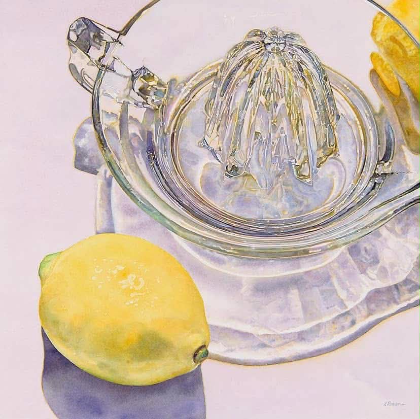 Watercolor painting of a lemon next to a glass juicer