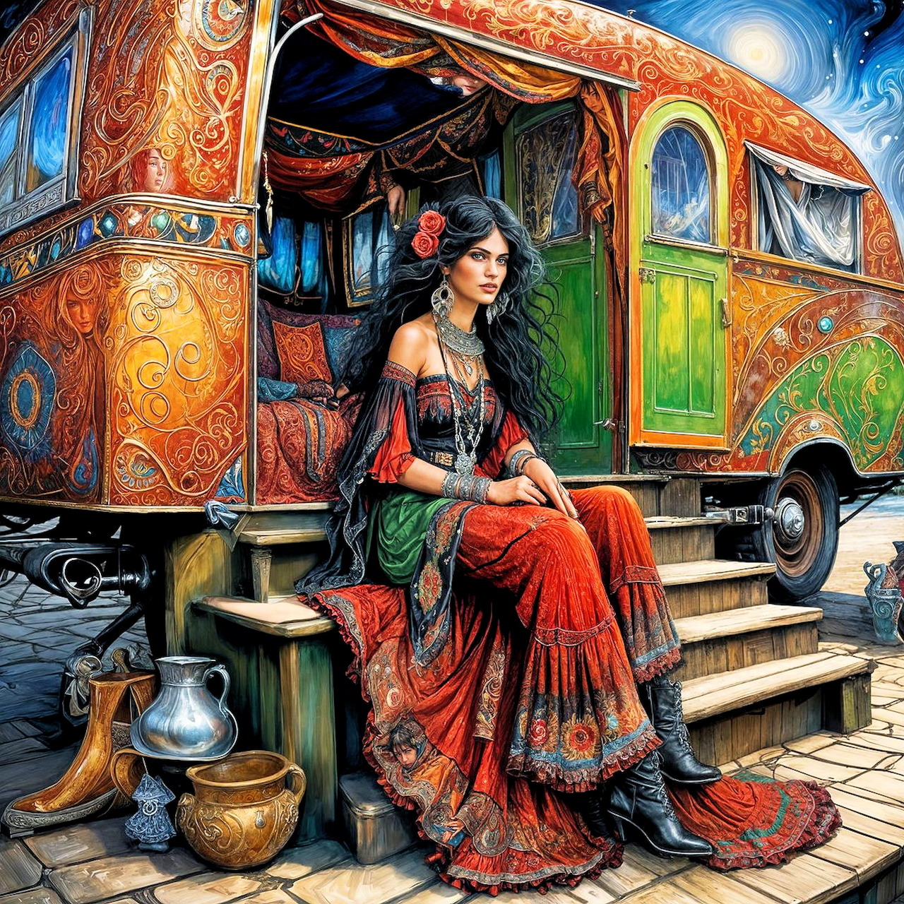 Woman in elaborate red and black dress sitting on decorated gypsy caravan steps at night with moon overhead