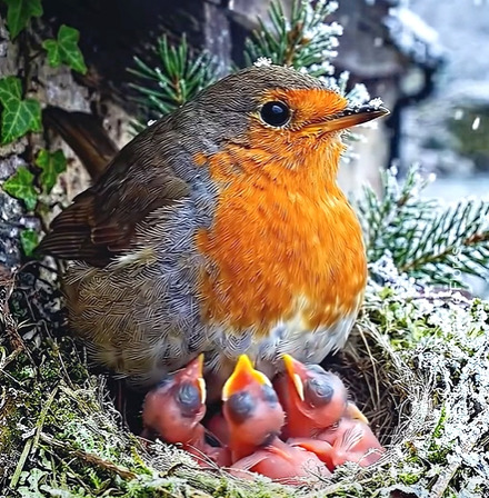 Adult robin bird feeding three baby chicks in nest with open beaks