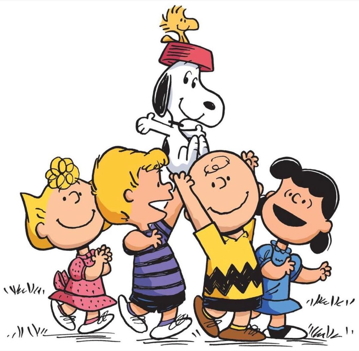 Peanuts characters Charlie Brown, Snoopy, Lucy, Linus, and Sally standing together with Woodstock on top