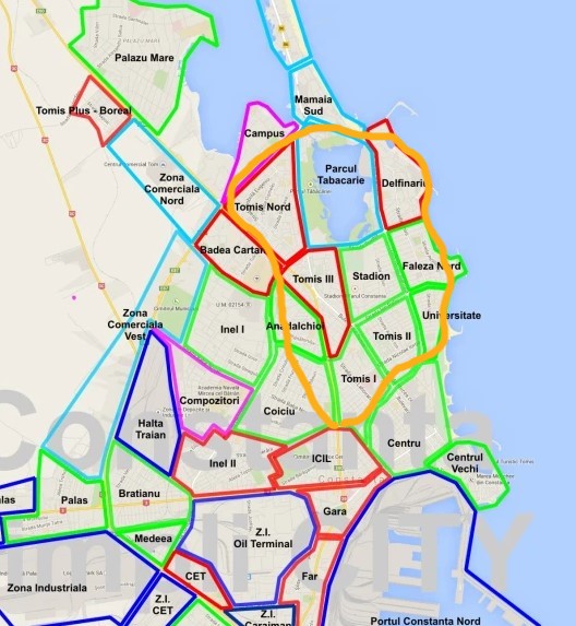 Colorful map of Constanta city districts with labeled neighborhoods and colored boundary lines