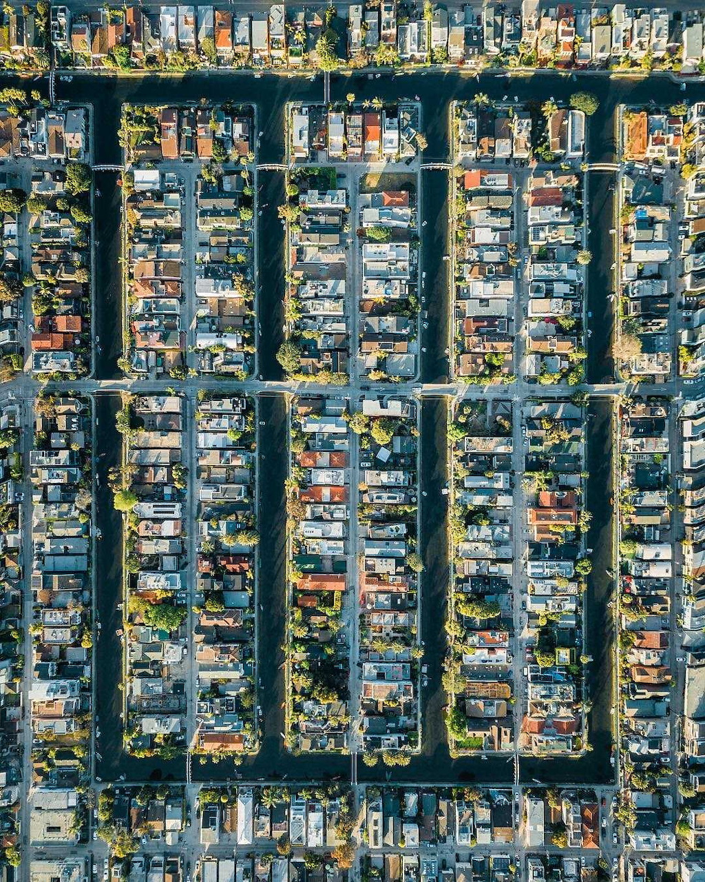 Overhead view of residential blocks with houses, trees, streets and parked cars in California