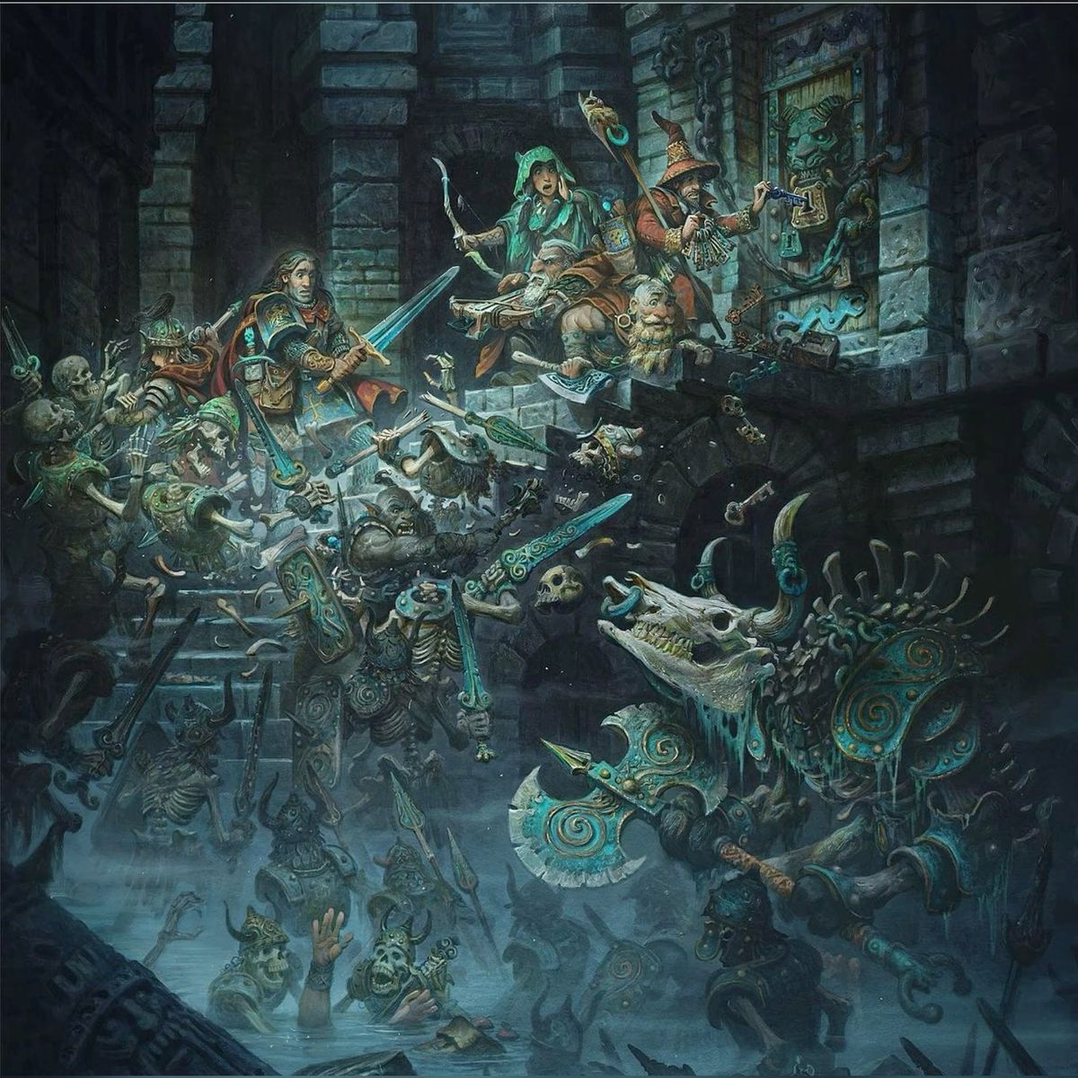 Fantasy warriors battling undead skeletons in a dark stone dungeon with torches