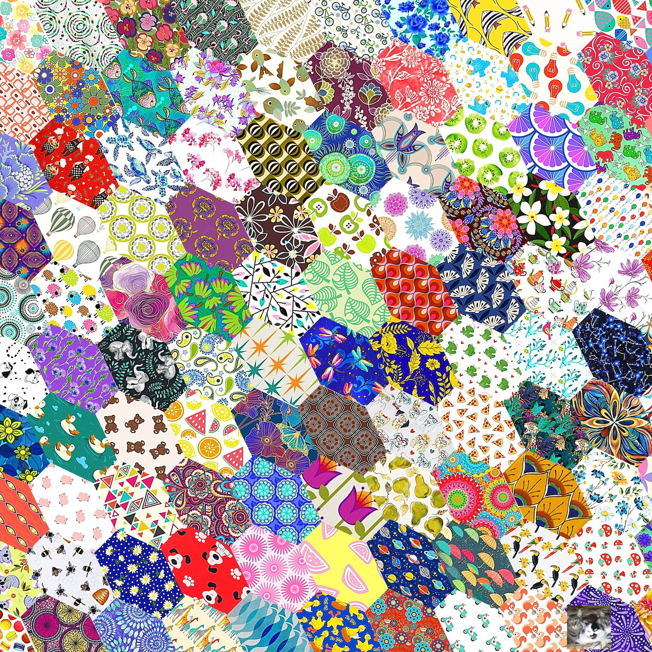 Dense collage of colorful patchwork quilt squares with flowers, dots, and geometric patterns
