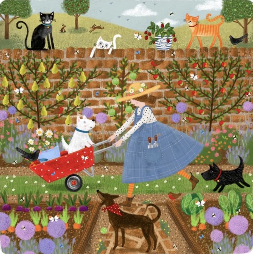 Illustration of a woman pushing a white cat in a red wagon through a garden with cats, dogs, and fruit trees
